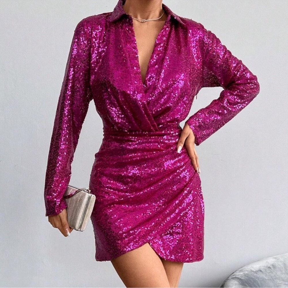 Luxe Pink Sequin Long Sleeve High Waisted Ruched Party Evening Dress XS S M L
